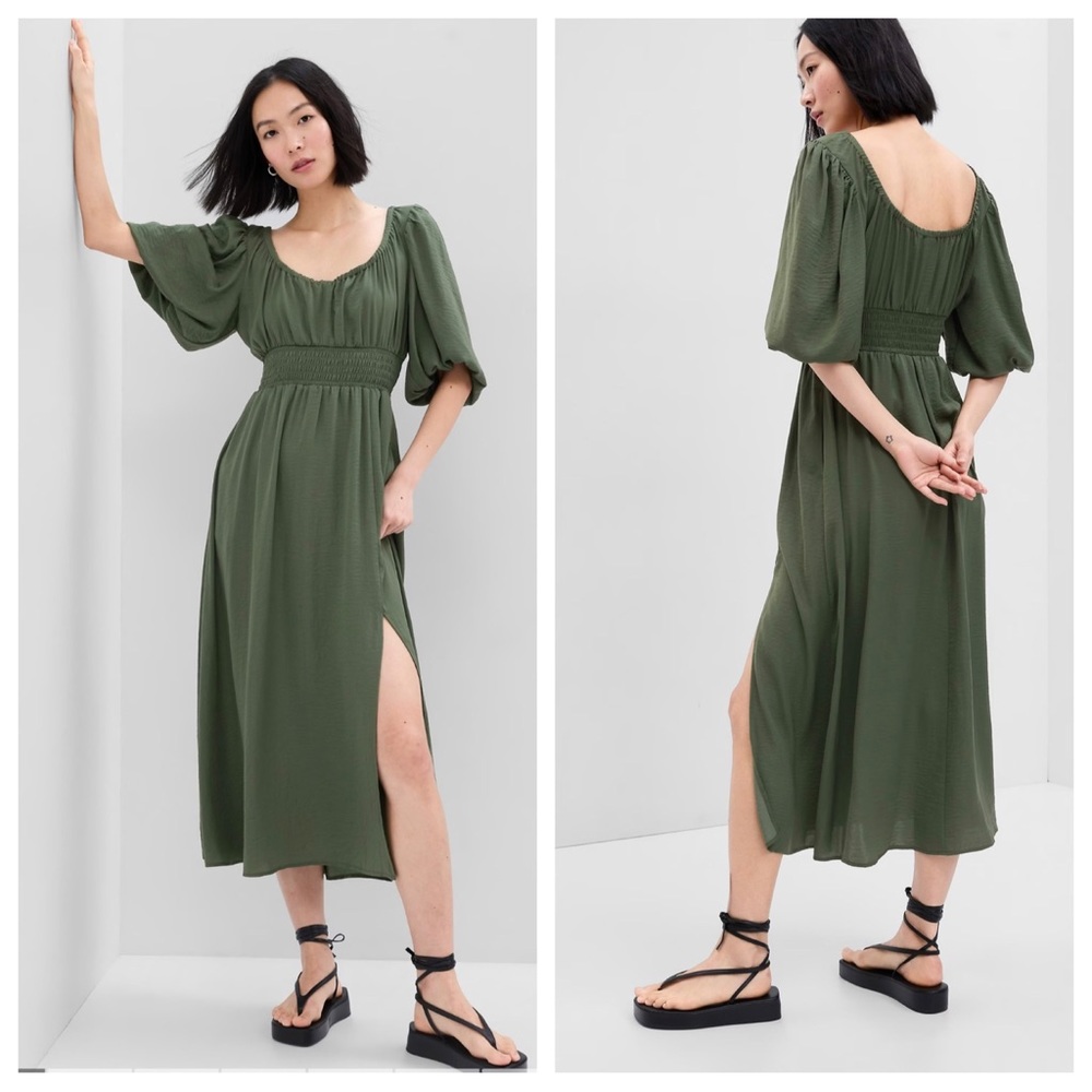 NWT GAP Puff Sleeve Front Slit Smocked Midi Dress Petite Small S